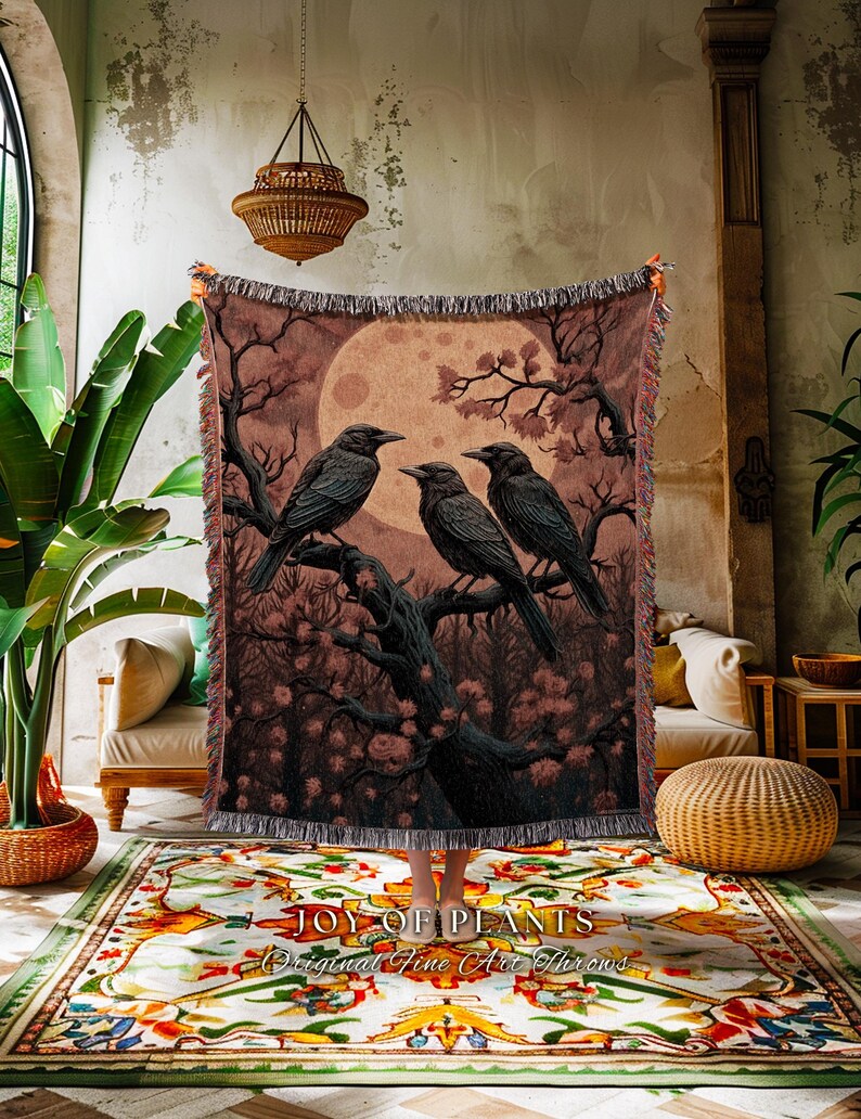 Moonlit Ravens Woven Throw Blanket Dark Woodland Gothic Tapestry | Enchanted Crowcore Whimsigoth Aesthetic Mystical Crow Fall Forestcore Art 画像 7