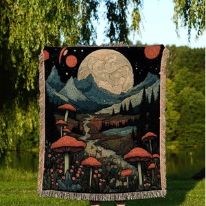 Celestial Mushroom Mountain Throw Blanket Fairycore | Full Moon Woodland Mushroom Tapestry Cottagecore Decor Goblincore Woven Throw Blanket