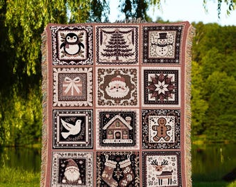 Country Farmhouse Vintage Holiday Folk Art Blanket Rustic Patchwork, Festive Scandinavian Danish Style Whimsical Christmas Tapestry Throw