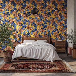 Flora & Fauna Statement Wallpaper | Striking Home Decor Bold Accent Wall Art Butterfly Pattern Mustard Yellow Maximalist Vintage Bedroom