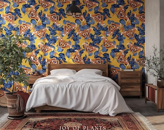 Flora & Fauna Statement Wallpaper | Striking Home Decor Bold Accent Wall Art Butterfly Pattern Mustard Yellow Maximalist Vintage Bedroom