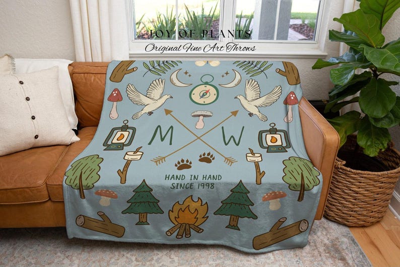 Outdoorsy Couples Blanket Custom Anniversary Gift Cottagecore Wedding Initials Blanket Personalized Couples Gift Blanket Custom Tapestry | image 6