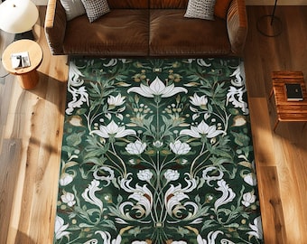 May include: A dark green area rug with a floral pattern featuring white lilies and foliage. The rug is rectangular and covers a large area of the floor. The text "JOY OF PLANTS Original Fine Art Rugs" is at the bottom.