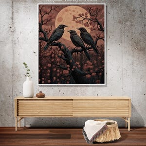 Moonlit Ravens Woven Throw Blanket Dark Woodland Gothic Tapestry | Enchanted Crowcore Whimsigoth Aesthetic Mystical Crow Fall Forestcore Art 画像 10