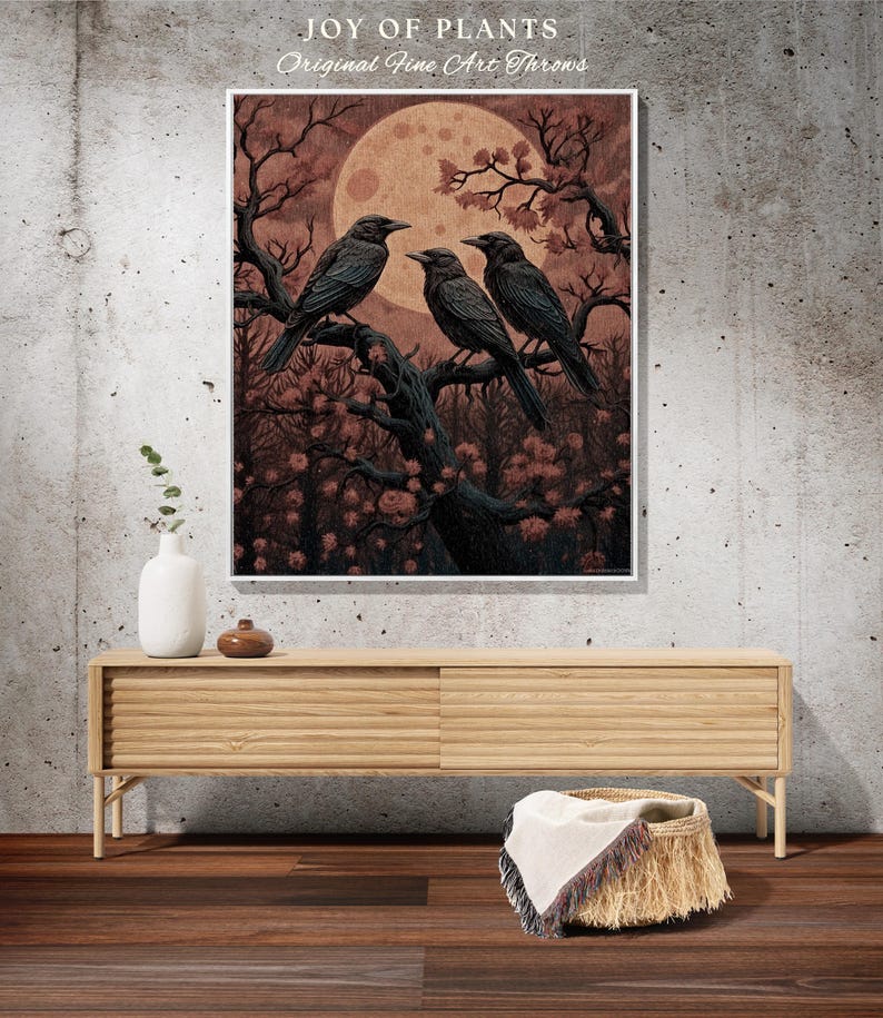 Moonlit Ravens Woven Throw Blanket Dark Woodland Gothic Tapestry | Enchanted Crowcore Whimsigoth Aesthetic Mystical Crow Fall Forestcore Art 画像 10