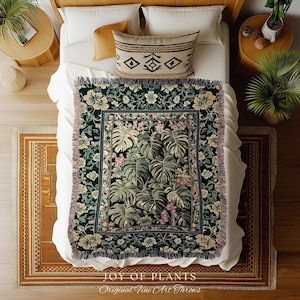 Verdant Flora Jungle Leaves Blanket | Maximalist Forestcore Tapestry Woven Wall Art Whimsical Plant Themed Cottagecore Inspired Home Decor