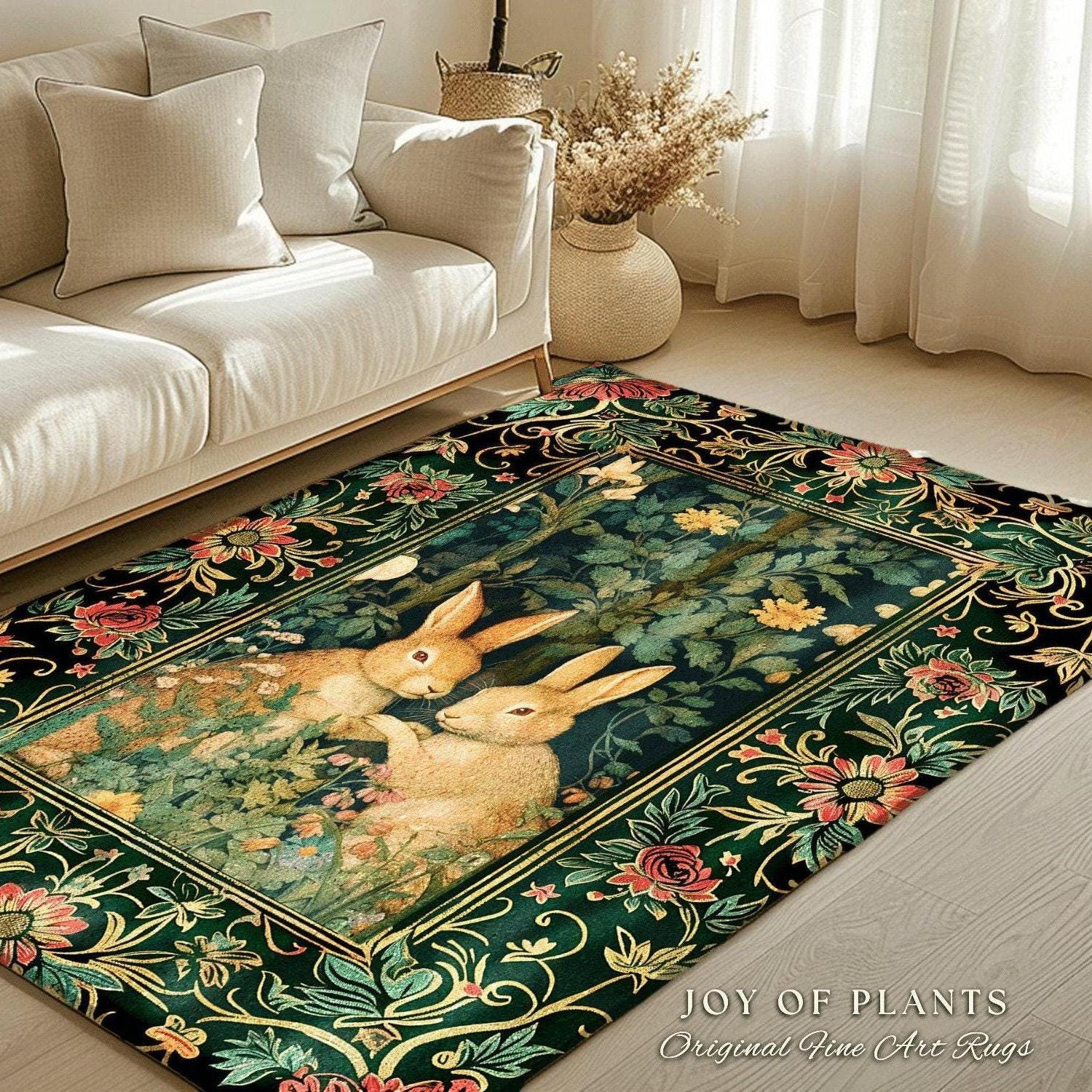 Fairycore Rabbit Decor Rug | Botanical Bedroom Decor William Morris Inspired Cottagecore Room Light Academia Livingroom Rug Woodland Home