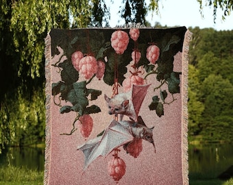 Raspberry Bat Blanket Cottagecore | Pastel Pink Dorm Room Decor Gothic Bat Tapestry Woven | Gothic Home Decor Throw Blanket Woven Tapestry |