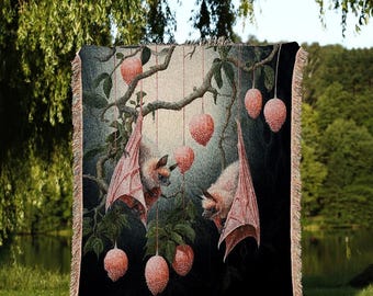 Pastel Pink Cottagecore Bat Blanket | Whimsical Dark Academia Decor Gothic Bat Tapestry Woven | Whimsigothic Tapestry Woven Throw Blanket |