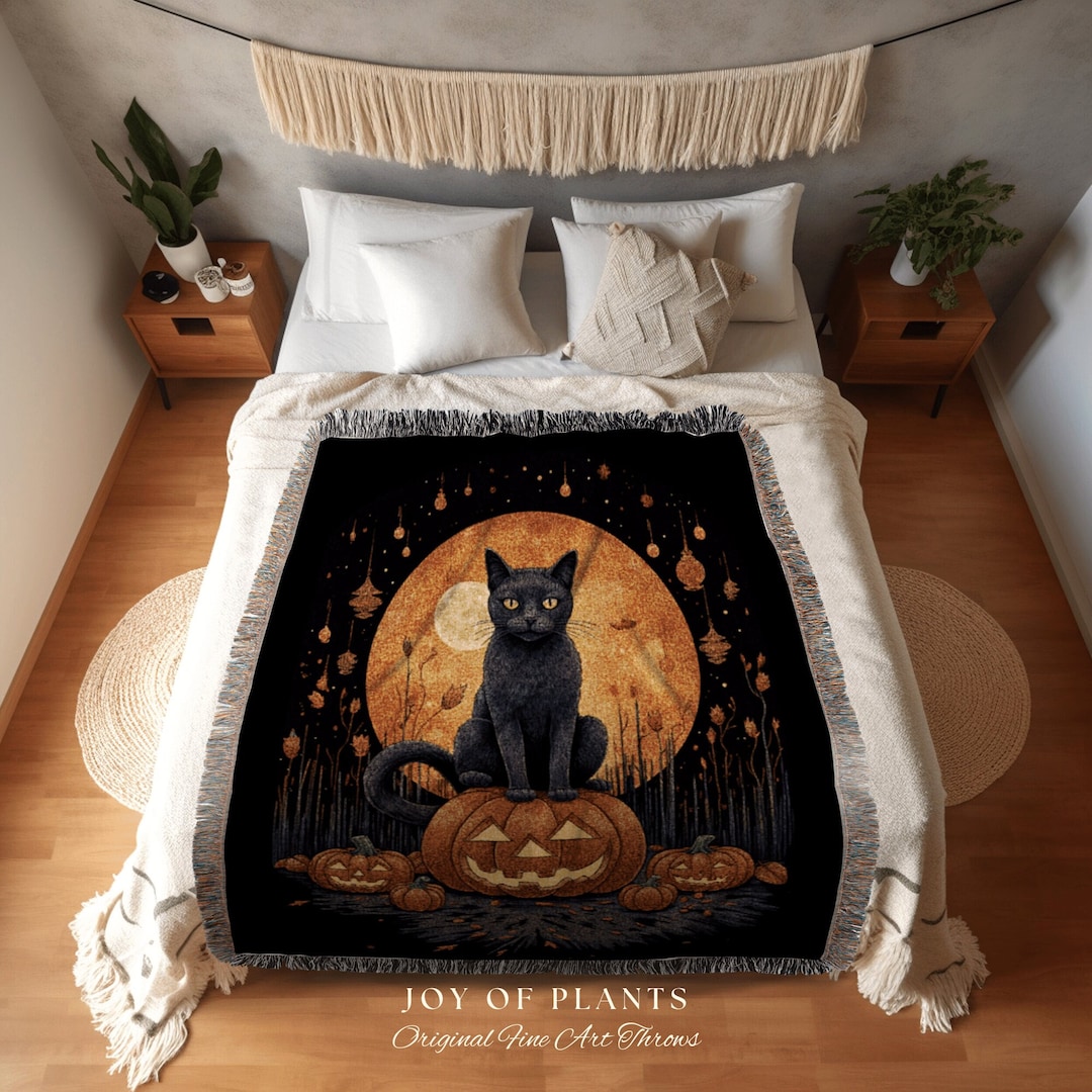 Vintage Halloween Pumpkin Black Cat Woven Throw Blanket Spooky Season ...