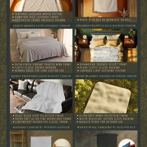 The image is a collage of six different bedroom designs, each showcasing a unique style and theme. The designs include a signature throw and tapestry wall art collection, a signature throw and tapestry wall art collection, a signature throw and tapestry wall art collection, a signature throw and tapestry wall art collection, a signature throw and tapestry wall art collection, and a signature throw and tapestry wall art collection.