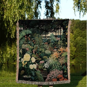 Moody Greenhouse Garden Blanket | Vintage Nature Blanket Woven Tapestry Botanical Fairy Grunge Room Decor Fairycore Floral Cottagecore Throw