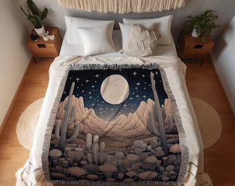 Vintage Desert Blanket Woven | Whimsical Home Decor Housewarming Gift Blanket Cactus Aesthetic Blanket Woven Tapestry Southwest Landscape |