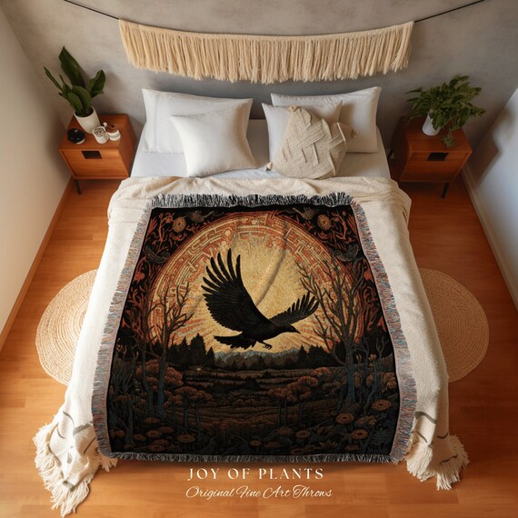 Raven Aesthetic Decor Gothic Tapestry Woven Crow Wall Art Blanket