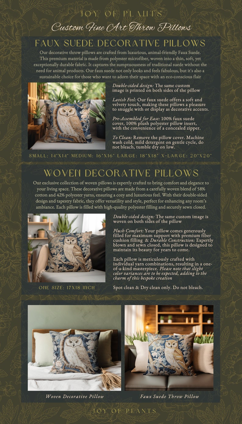 May include: Two decorative throw pillows with an owl design. The pillow on the left is a woven decorative pillow with a blue and brown tapestry design. The pillow on the right is a faux suede throw pillow with a brown and white owl design. Both pillows are shown on a couch.