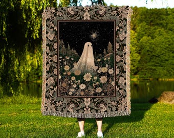 Starlight Whimsical Ghost Blanket | Retro Halloween Tapestry Fall Decorating Indoor Dark Academia Floral Decor Botanical Witchy Cozy Cute |