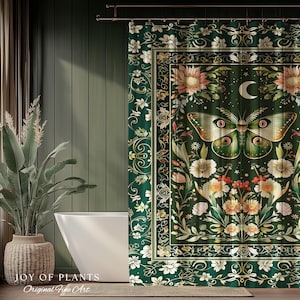 Botanical Moth Moon Shower Curtain Whimsical Floral Fairycore Enchanted Forest Green Bathroom Cottagecore Woodland Whimsy Butterfly Decor |