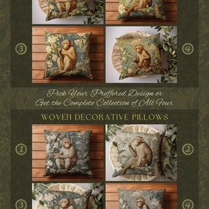 Pode incluir: Quatro almofadas decorativas com um design de macaco tecido sobre um fundo verde. As almofadas s&atilde;o etiquetadas de 1 a 4. O texto "Joy of Plants" est&aacute; na parte superior da imagem. O texto "Custom Fine Art Throw Pillows" est&aacute; abaixo do texto "Joy of Plants". O texto "Faux Suede Throw Pillows" est&aacute; abaixo do texto "Custom Fine Art Throw Pillows". O texto "Pick Your Preferred Design or Get the Complete Collection of All Four" est&aacute; abaixo das almofadas. O texto "Woven Decorative Pillows" est&aacute; abaixo do texto "Pick Your Preferred Design or Get the Complete Collection of All Four". O texto "Be Sure To Check Out Our Original Collection of William Morris Throws & Tapestries" est&aacute; abaixo das almofadas. O texto "Joy of Plants" est&aacute; na parte inferior da imagem.