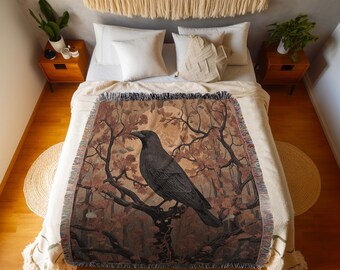 Gothic Grunge Woodland Crowcore Woven Throw Indie Room Decor | Rustic Farmhouse Style Shabby Chic Raven Tapestry Blanket Dark Cottagecore