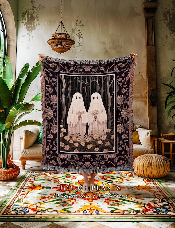 Whimsical Ghost Friends Blanket Woven Throw Dark Cottagecore Wall