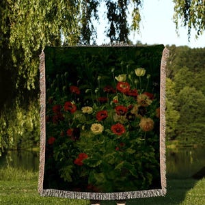 Night Poppies Gothic Floral Woven Blanket | Whimsigoth Decor Poppy Flower Blanket | Renaissance Decor Woven Tapestry Vintage Flower Blanket
