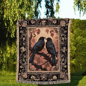Raven Aesthetic Decor Gothic Tapestry Woven | Crow Wall Art Blanket Woven Wall Hanging | Woodland Aesthetic Halloween Gothic Crow Blanket | image 3