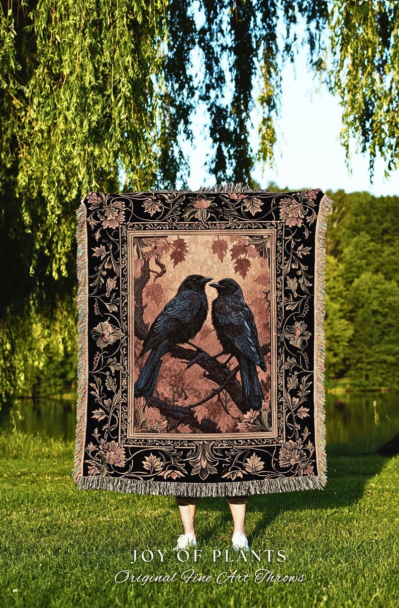 Raven Aesthetic Decor Gothic Tapestry Woven | Crow Wall Art Blanket Woven Wall Hanging | Woodland Aesthetic Halloween Gothic Crow Blanket | image 3