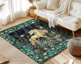 Magic Medieval Unicorn Accent Rug | Woodland Nature Vintage Aesthetic Area Rug Whimsical Bedroom Decor Magic Cottagecore Magical Creatures |