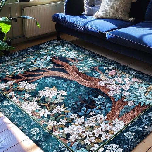 Bohemian Tree Rug Magical Aesthetic | Folklore Room Decor Ethereal Area Rug Nature Inspired Woodland Magic Wildflower Fairy Inspired Bedroom