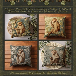 Pode incluir: Quatro designs diferentes de almofadas com um macaco sentado em um ambiente exuberante de selva verde. As almofadas s&atilde;o todas quadradas e t&ecirc;m um fundo branco com um padr&atilde;o floral verde e marrom. Os macacos s&atilde;o todos marrons e t&ecirc;m uma cara branca. O texto "Create Your Perfect Collection of Mix & Match William Morris Inspired Throws & Pillows" est&aacute; no topo da imagem.