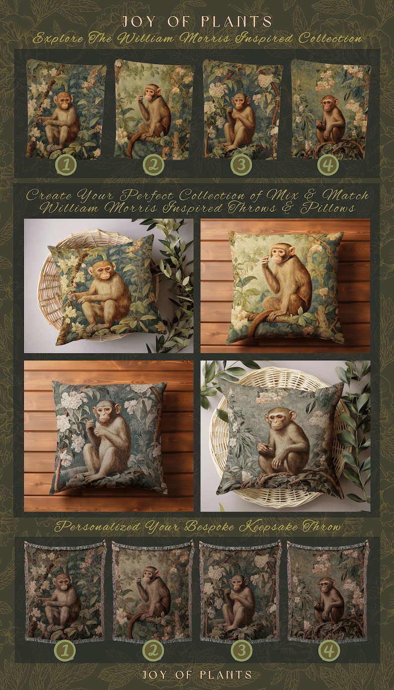Pode incluir: Quatro designs diferentes de almofadas com um macaco sentado em um ambiente exuberante de selva verde. As almofadas s&atilde;o todas quadradas e t&ecirc;m um fundo branco com um padr&atilde;o floral verde e marrom. Os macacos s&atilde;o todos marrons e t&ecirc;m uma cara branca. O texto "Create Your Perfect Collection of Mix & Match William Morris Inspired Throws & Pillows" est&aacute; no topo da imagem.