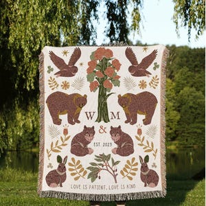 Wedding Anniversary Blanket Custom Gift Cottagecore Wedding Monogram Blanket Woven | Woodland Decor Anniversary Gift Blanket Custom Tapestry