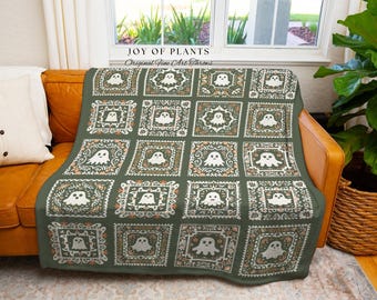 Sage Green Ghost Accent Blanket Cozy | Pastel Gothic Ghost Whimsical Throw Blanket Book Nook Bedroom Decor Retro Fall Vibe Housewarming Gift
