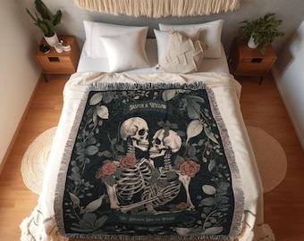 Skeleton Lovers Botanical Blanket | Gothic Wedding Custom Blanket Woven Tapestry Spooky Wedding Personalized Anniversary Gift for Goths |