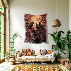 Moonlit Ravens Woven Throw Blanket Dark Woodland Gothic Tapestry | Enchanted Crowcore Whimsigoth Aesthetic Mystical Crow Fall Forestcore Art 画像 6