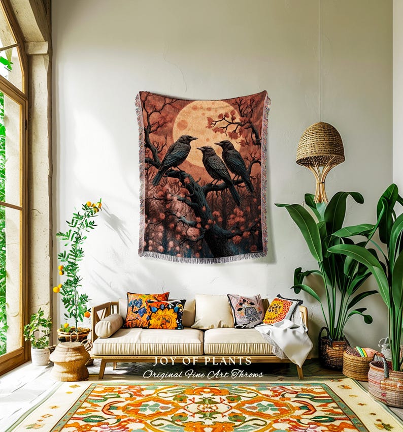 Moonlit Ravens Woven Throw Blanket Dark Woodland Gothic Tapestry | Enchanted Crowcore Whimsigoth Aesthetic Mystical Crow Fall Forestcore Art 画像 6