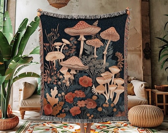 Woodland Fungi Throw Blanket | Cottagecore Tapestry for Mushroom Lover Gift Whimsical Room Decor Reading Aesthetic Cozy Cottagecore Gift |