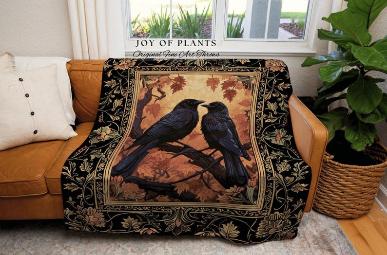 Raven Aesthetic Decor Gothic Tapestry Woven | Crow Wall Art Blanket Woven Wall Hanging | Woodland Aesthetic Halloween Gothic Crow Blanket | image 6