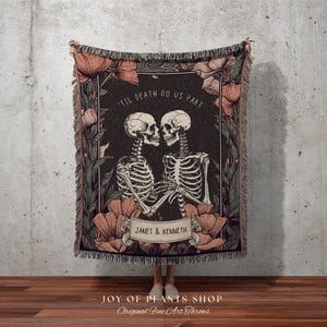 Skeleton Couple Blanket &#39;Til Death do us Part&#39; Woven Tapestry | Gothic Wedding Custom Blanket Woven | Wedding Gift Personalized Skeleton Art