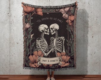Skeleton Couple Blanket &#39;Til Death do us Part&#39; Woven Tapestry | Gothic Wedding Custom Blanket Woven | Wedding Gift Personalized Skeleton Art
