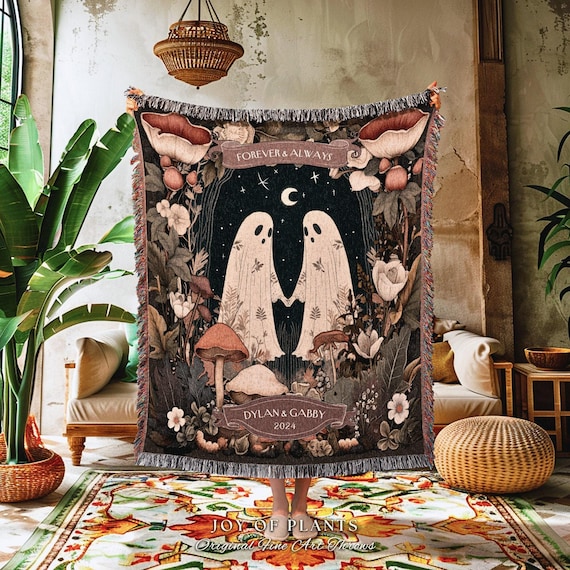 Cottagecore Ghost Couple Woven Tapestry | Boho Wedding Anniversary Gift Personalized Mr & Mrs Custom Ghost Couple Witchy Throw Blanket Cute