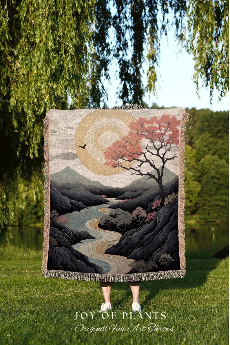 Japanese Landscape Mountain Sun Tapestry Woven Throw Blanket Tree Tapestry Art Woven Blanket with Nature Japanese Aesthetic Artful Blanket image 1