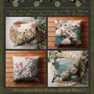 May include: Four different throw pillow designs featuring a pair of green frogs on a branch with pink flowers. The pillows are on a wooden surface. The text "Create Your Perfect Collection of Mix & Match William Morris Inspired Throws & Pillows" is below the pillows.