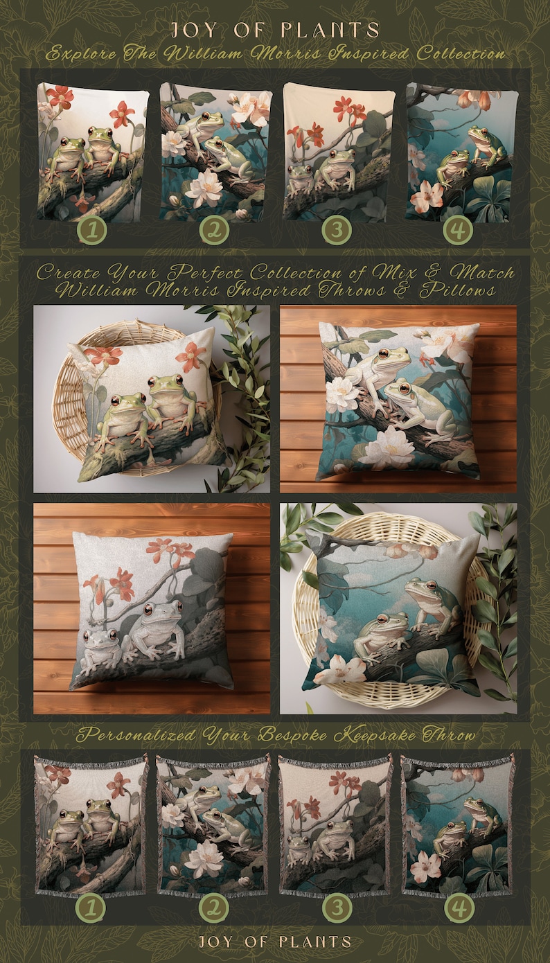 May include: Four different throw pillow designs featuring a pair of green frogs on a branch with pink flowers. The pillows are on a wooden surface. The text "Create Your Perfect Collection of Mix & Match William Morris Inspired Throws & Pillows" is below the pillows.