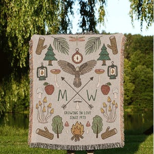 Woodsy Adventures Blanket Custom Anniversary Gift Cottagecore Wedding Initials Blanket Personalized Couples Gift Blanket Custom Tapestry |