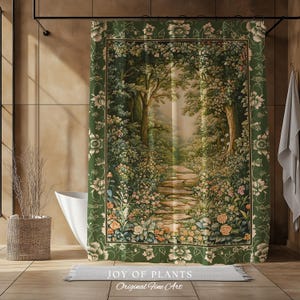 Mystic Garden Fairytale Landscape Shower Curtain | Fairycore Woodland Nature Lover Aesthetic Cozy Earthy Bathroom Decor Whimsical Floral |
