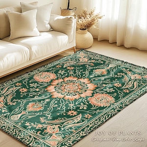 Statement Rug for Living Room | Emerald Green Aesthetic Maximalist Room Decor Classic Ornate Victorian Rug Nordic Accent for Elegant Bedroom afbeelding 1