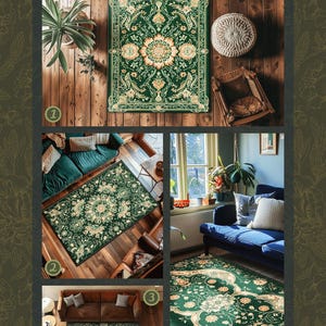 Statement Rug for Living Room | Emerald Green Aesthetic Maximalist Room Decor Classic Ornate Victorian Rug Nordic Accent for Elegant Bedroom afbeelding 10