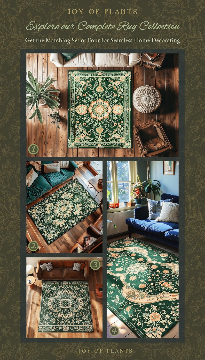 Statement Rug for Living Room | Emerald Green Aesthetic Maximalist Room Decor Classic Ornate Victorian Rug Nordic Accent for Elegant Bedroom afbeelding 10