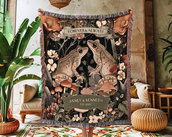 Couple Blanket &#39;Until we Croak&#39; Personalized Gift | Toad Lovers Aesthetic Woven Throw Blanket Custom Anniversary Woodland Cottagecore Gift |